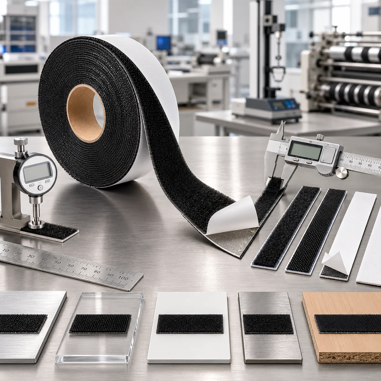 Fixora adhesive hook and loop tape roll, close-up studio photograph